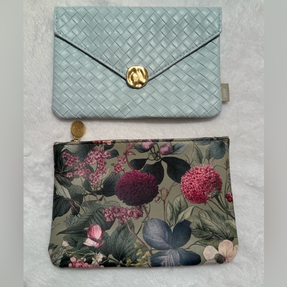 Mint Gold Floral Cosmetic Bags Set of 2 NWOT